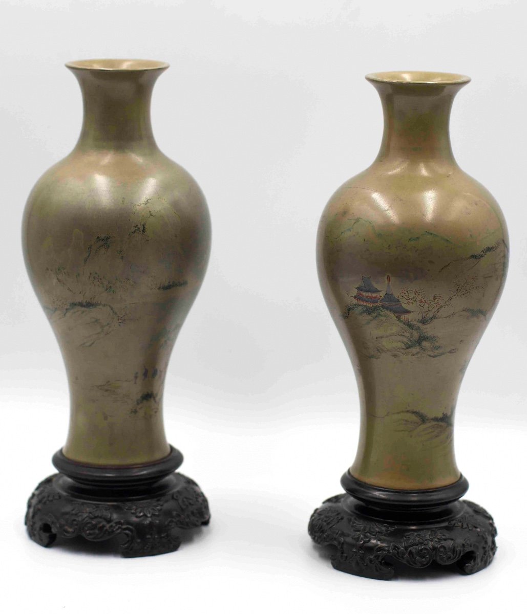 China 20th Century - Pair Of Lacquer Baluster Vases Decorated With Pavilions In Landscapes-photo-2