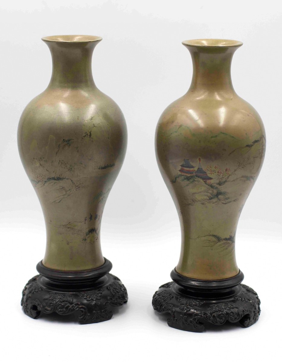 China 20th Century - Pair Of Lacquer Baluster Vases Decorated With Pavilions In Landscapes-photo-3