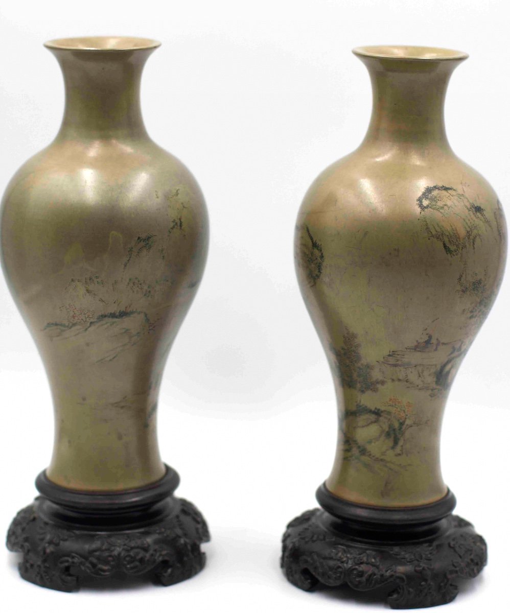 China 20th Century - Pair Of Lacquer Baluster Vases Decorated With Pavilions In Landscapes-photo-4