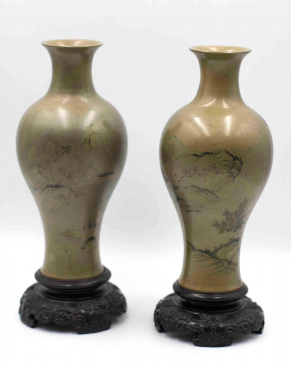 China 20th Century - Pair Of Lacquer Baluster Vases Decorated With Pavilions In Landscapes-photo-1