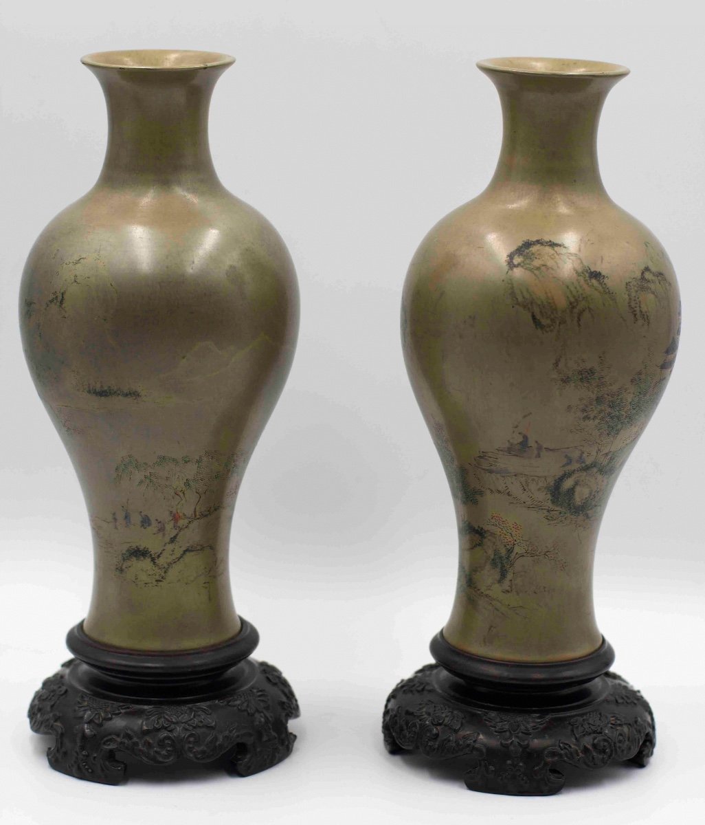 China 20th Century - Pair Of Lacquer Baluster Vases Decorated With Pavilions In Landscapes-photo-2