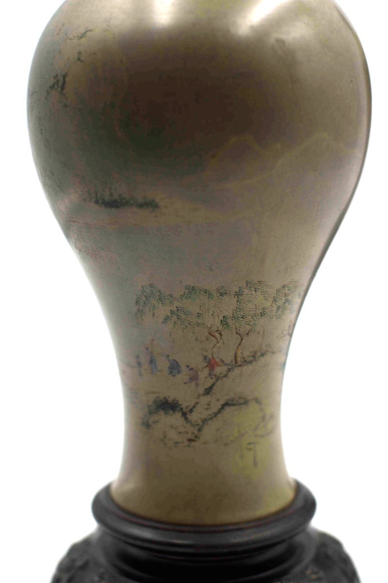 China 20th Century - Pair Of Lacquer Baluster Vases Decorated With Pavilions In Landscapes-photo-3