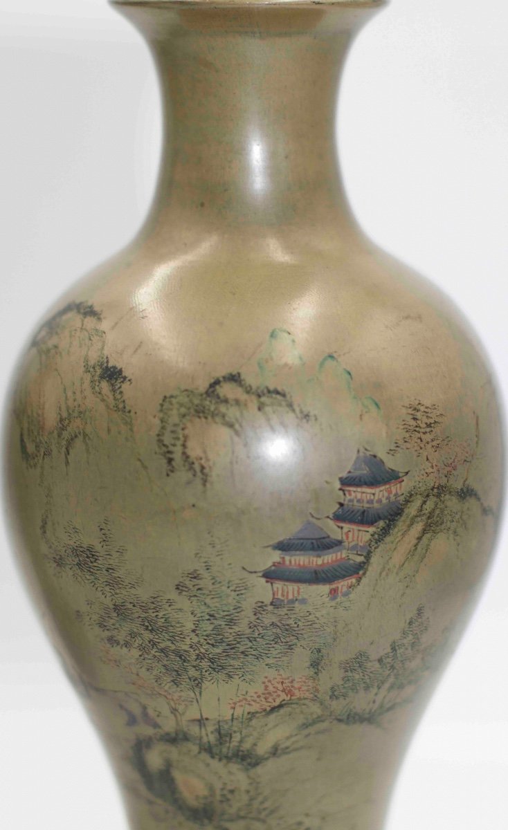 China 20th Century - Pair Of Lacquer Baluster Vases Decorated With Pavilions In Landscapes-photo-5