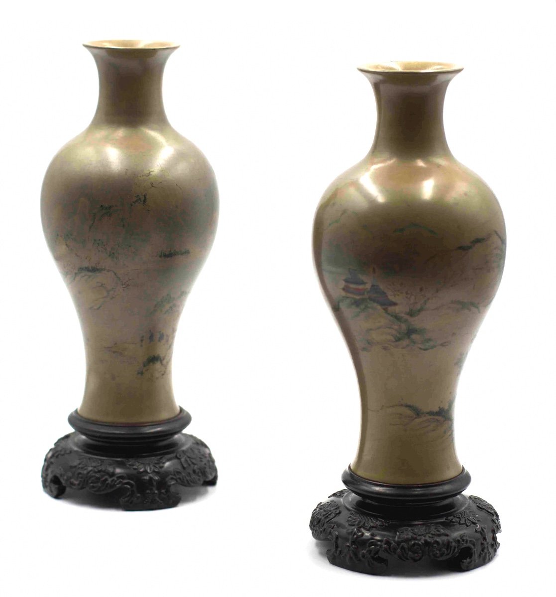 China 20th Century - Pair Of Lacquer Baluster Vases Decorated With Pavilions In Landscapes