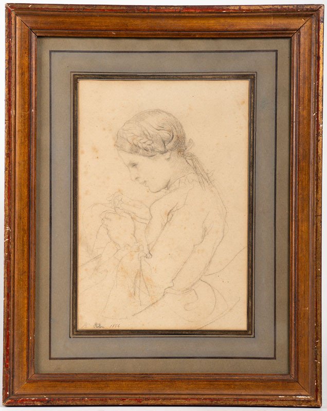 Felon 1844 - Drawing : Seamstress / Delicate Portrait Of A Woman Sewing 