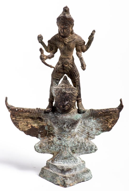 Khmer 18ème - 19ème Siècle - Statuette Représentant Vishnou Sur Sa Monture Garuda. 