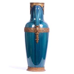 France, 19th Century - Turquoise Conical Vase With Two Handles Decorated With Mascarons In Gilt Bronze