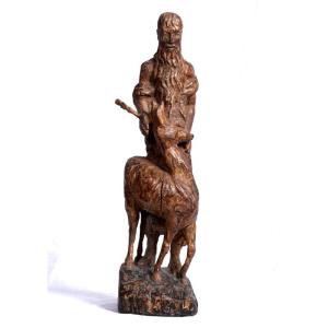 Sculpture Representing Saint Gilles Accompanied By A Deer - Carved Wood, Traces Of Gilding