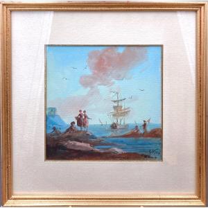 Marine Scene In The French 18th Century Style - Gouache On Paper