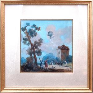 French School In The Taste Of The 18th Century - The Flight Of The Hot Air Balloon - Gouache On Paper