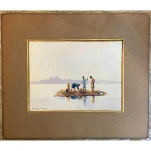 Stephen R. (early 20th Century.) - Fishermen On A Raft - Watercolor, Signed And Dated