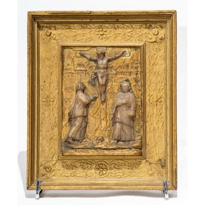 Mechelen 16th / 17th Century - Bas-relief In Malines Alabaster And Gold Crucifixion Of Christ