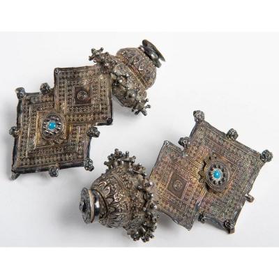 19th Century - Katawaz Art - Pair Of Earrings In Silver And Turquoise