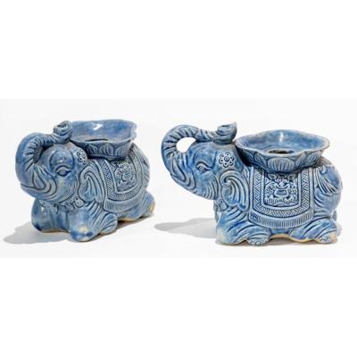 Pair Of Chinese Style Candelholders Or Incense Burners - Ceramic Elephant