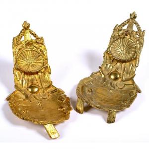 Pair Of Bronze Watch Holders With Golden Agricultural Decor From The Second Half Of The 19th