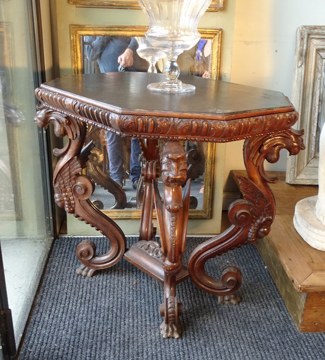 Walnut Table Base Decorated With Chimeras Slate Tray Circa 1880-photo-2