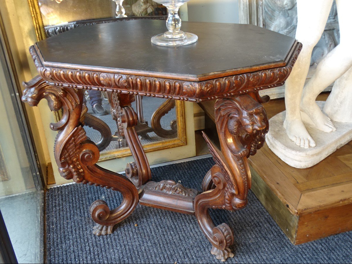 Walnut Table Base Decorated With Chimeras Slate Tray Circa 1880-photo-2