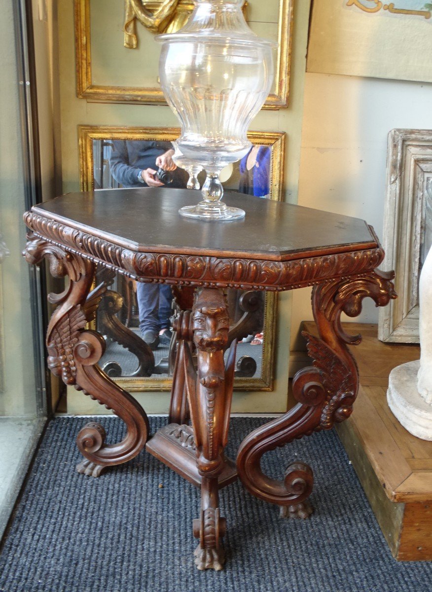 Walnut Table Base Decorated With Chimeras Slate Tray Circa 1880