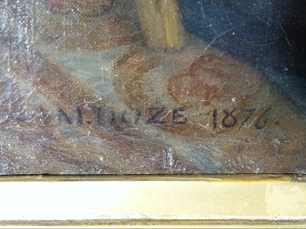 Tableau  Huile Sur Toile  Encadrée Scène d'Intérieur Signé M.doze Et Daté 1876 -photo-4