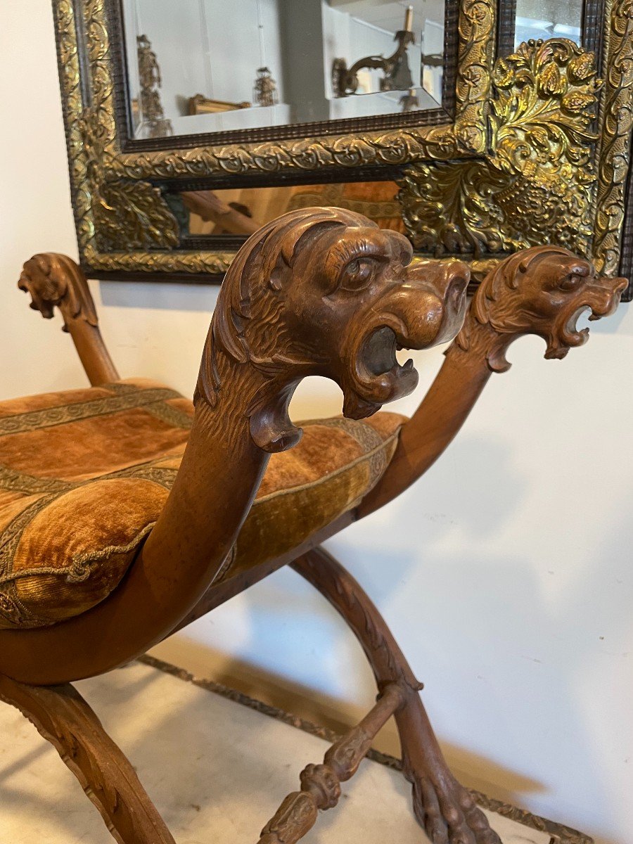 Curule Stool Molded And Carved Armrest In The Shape Of A Lion Head 19 Century-photo-2