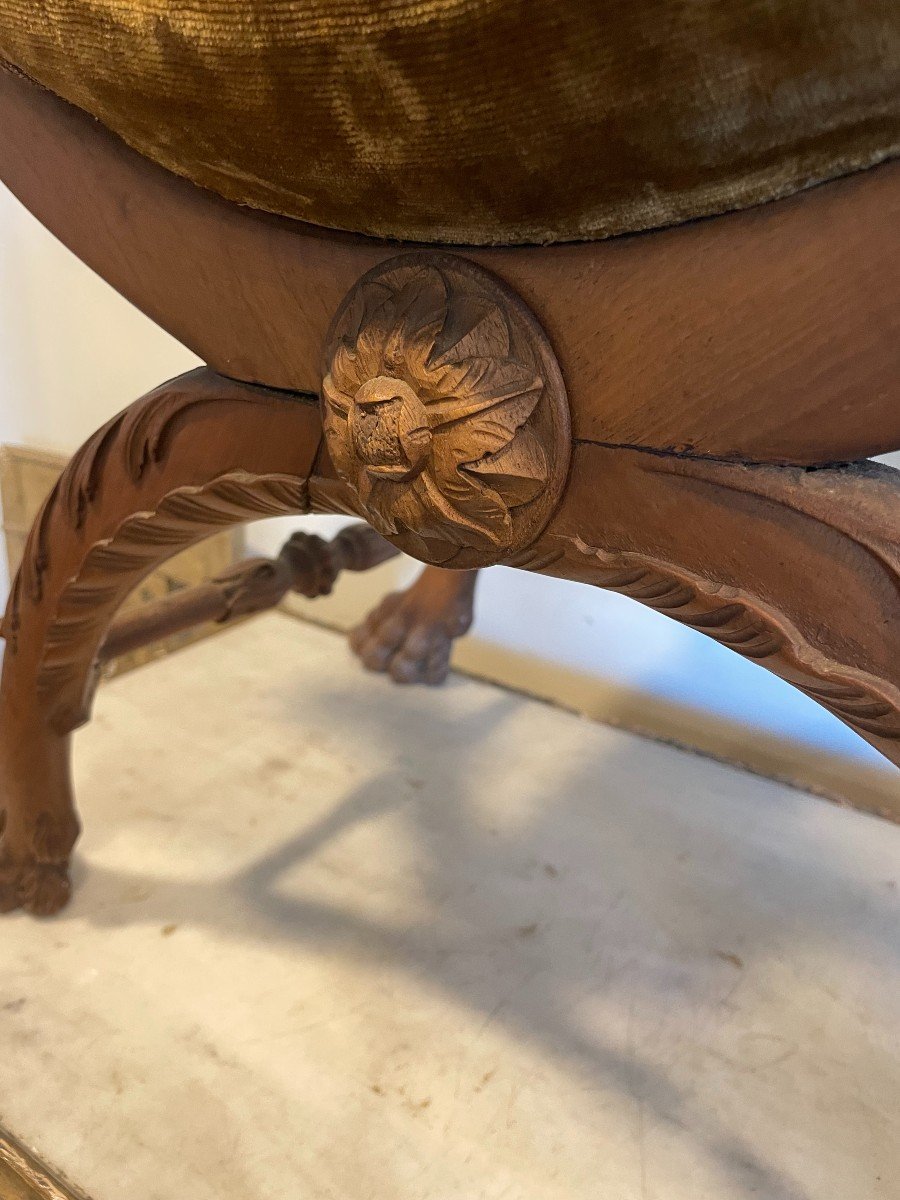 Curule Stool Molded And Carved Armrest In The Shape Of A Lion Head 19 Century-photo-3