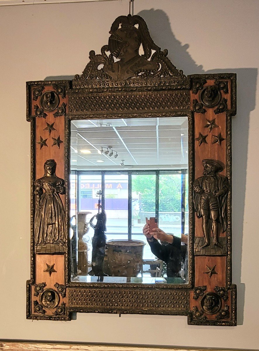 Neo-medieval Mirror In Wood And Brass Late 19th Century