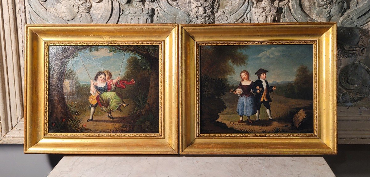 Pair Of Oil On Canvas Paintings Gallant Scenes Signed Late 18th Early 19th Century.