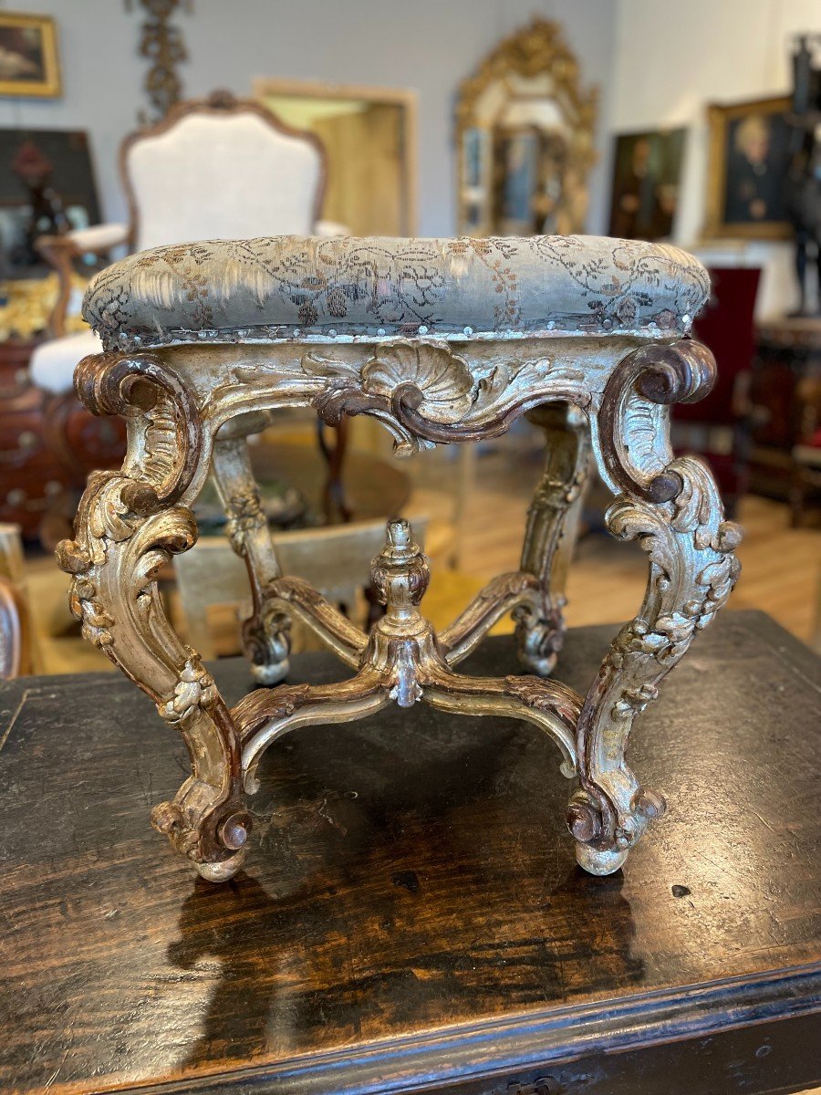 Tabouret Italien En  Bois Argenté  époque XIX 