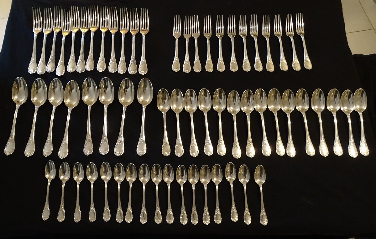 Set Of 64 Solid Silver Cutlery From Christofle Marly Model, Minerva Hallmark-photo-2