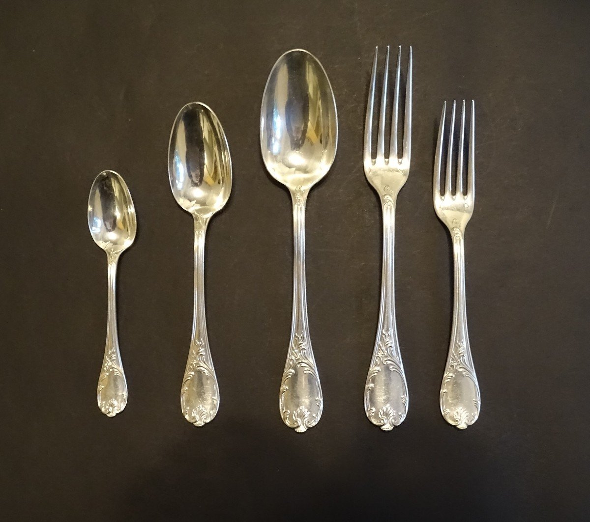 Set Of 64 Solid Silver Cutlery From Christofle Marly Model, Minerva Hallmark-photo-4