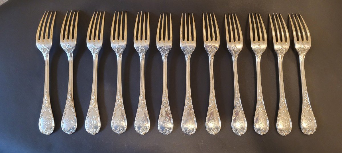 Set Of 64 Solid Silver Cutlery From Christofle Marly Model, Minerva Hallmark-photo-1