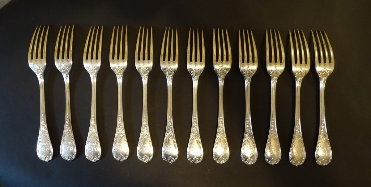 Set Of 64 Solid Silver Cutlery From Christofle Marly Model, Minerva Hallmark-photo-2