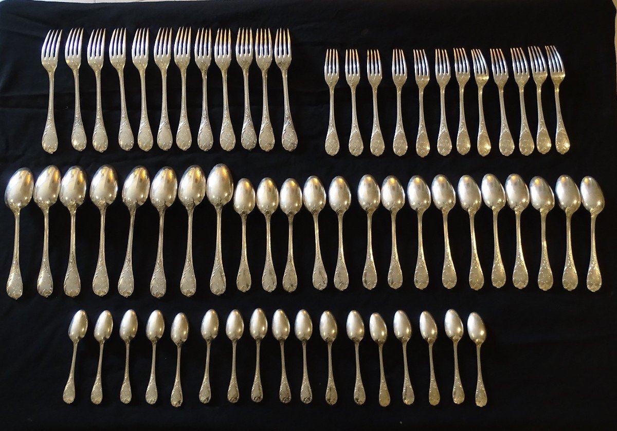 Set Of 64 Solid Silver Cutlery From Christofle Marly Model, Minerva Hallmark