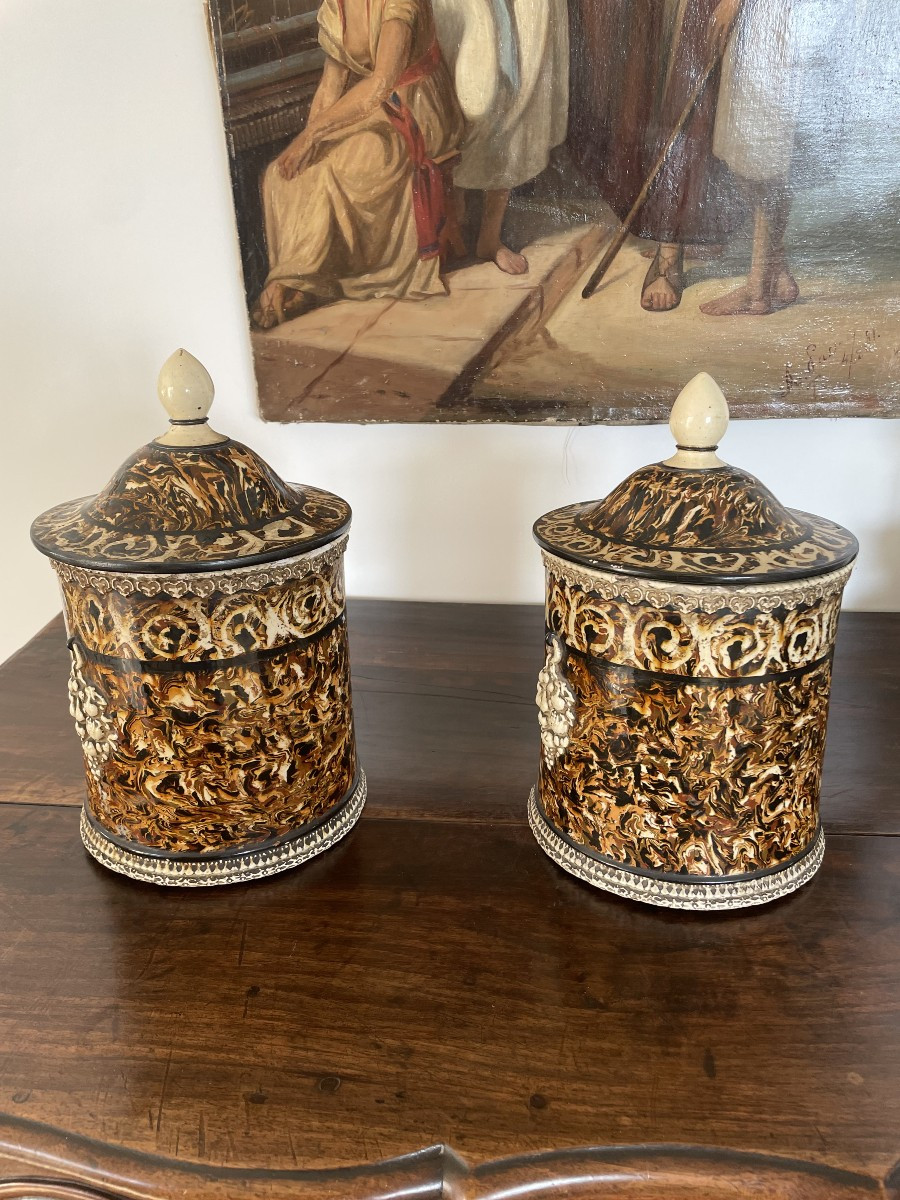 Pair Of Covered Ceramic Pots Signed Pichon Uzès 19th Century-photo-2