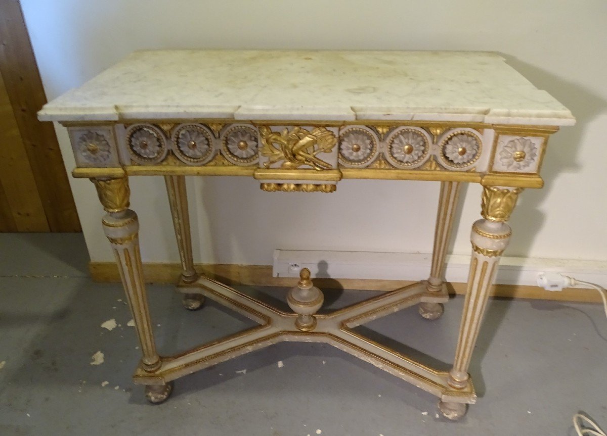 Console époque Louis XVI En Bois Laqué Et Doré-photo-2