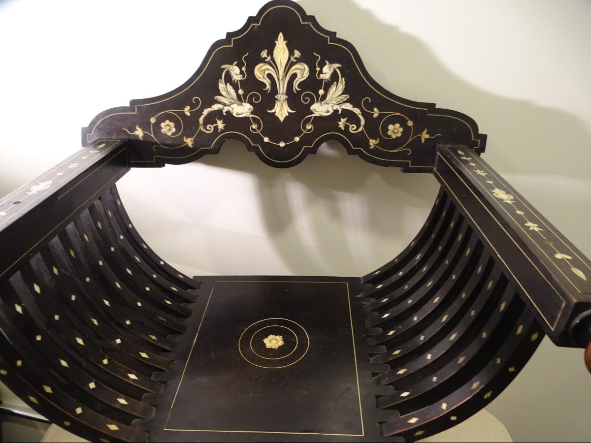 Italian Curule Armchair In Ebony And Bone Inlay In The Oriental Taste XIX-photo-3