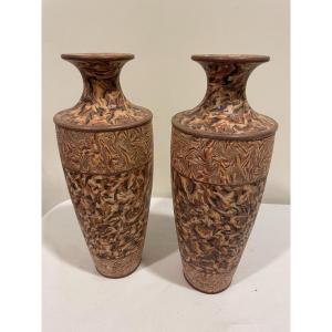 Pair Of Pichon D Uzes Vases Terres Mélées Period 1880 1900