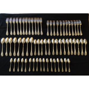 Set Of 64 Solid Silver Cutlery From Christofle Marly Model, Minerva Hallmark