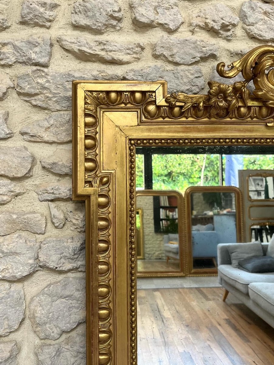 Antique Mirror With Pediment And Beading Gilded With Gold Leaf 164cm/99.5cm-photo-3