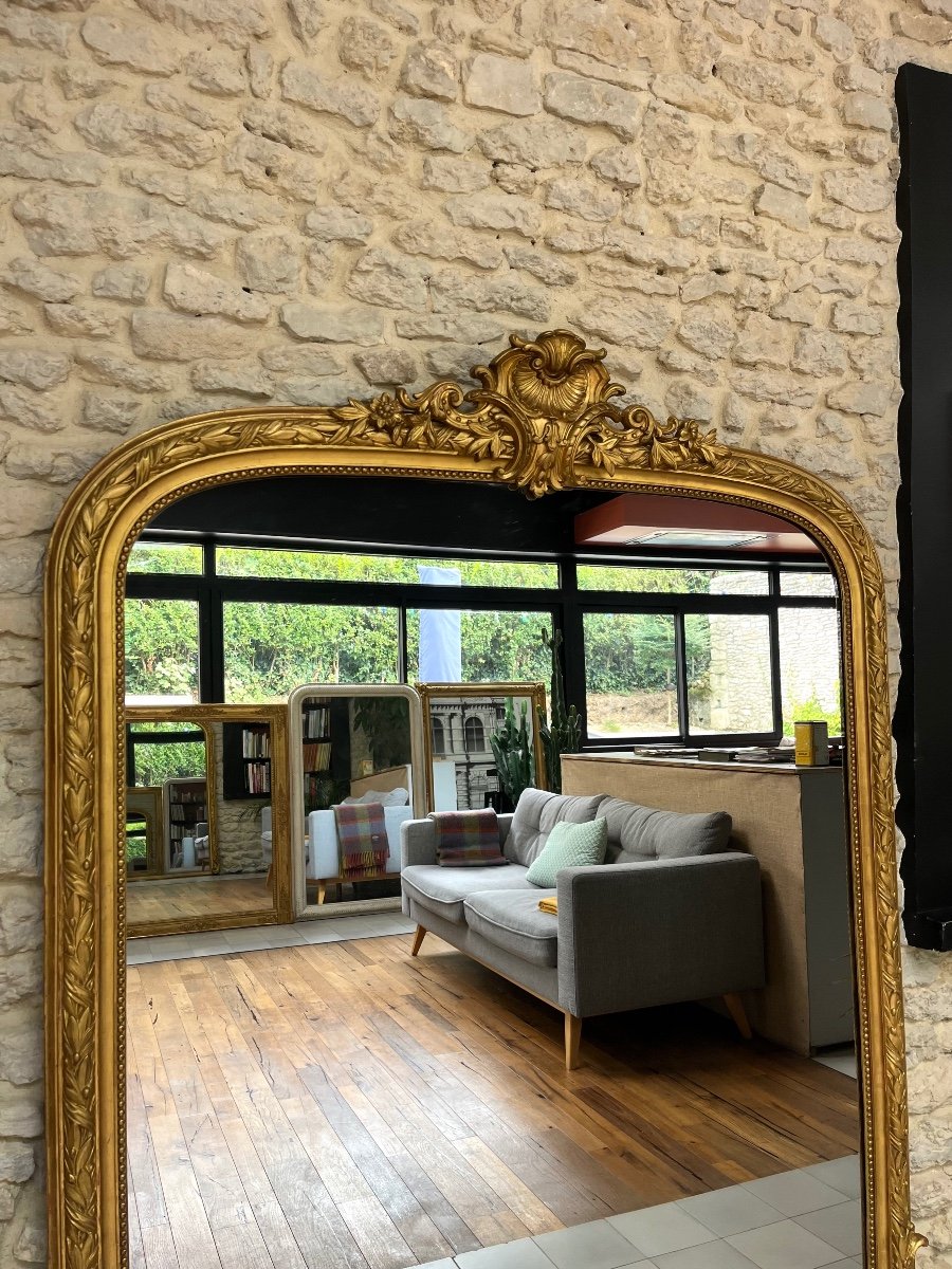 Antique Mirror With Gold Leaf Gilded Fronton 184cm/147cm Mercury Glass -photo-3