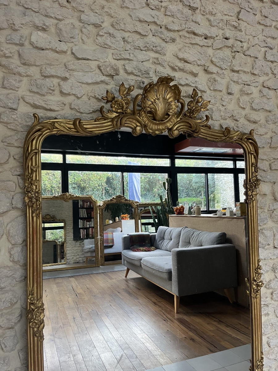 Antique Gold Leaf Gilded Pediment Mirror 173cm/113.5cm, Dresser Mantelpiece Mirror -photo-3