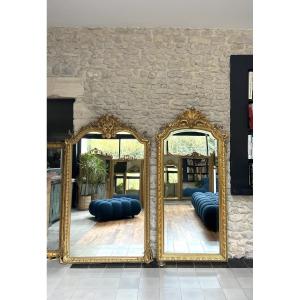 Pair Of Mirrors With Pediments And Gold Leaf Beading