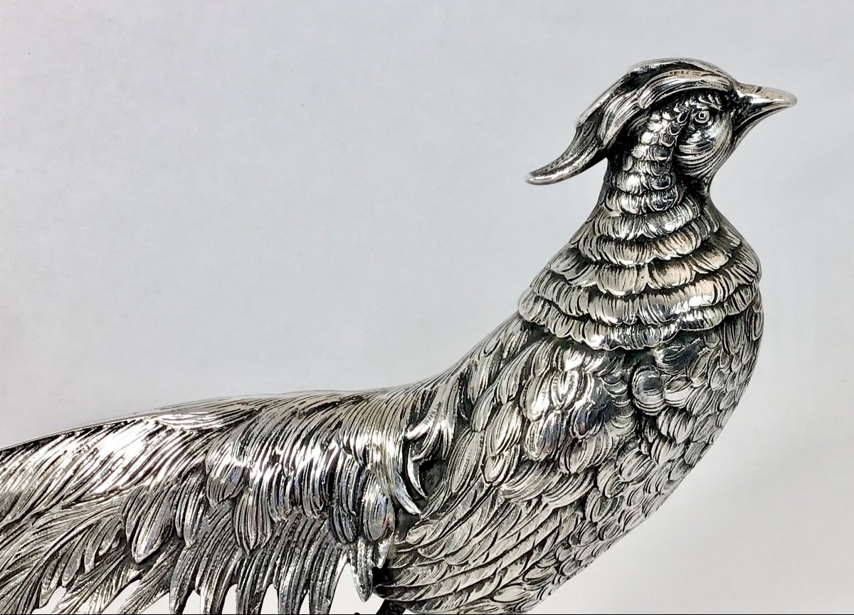 Pair Of Pheasants In Sterling Silver, 31 Cm,1940-'50ies-photo-2