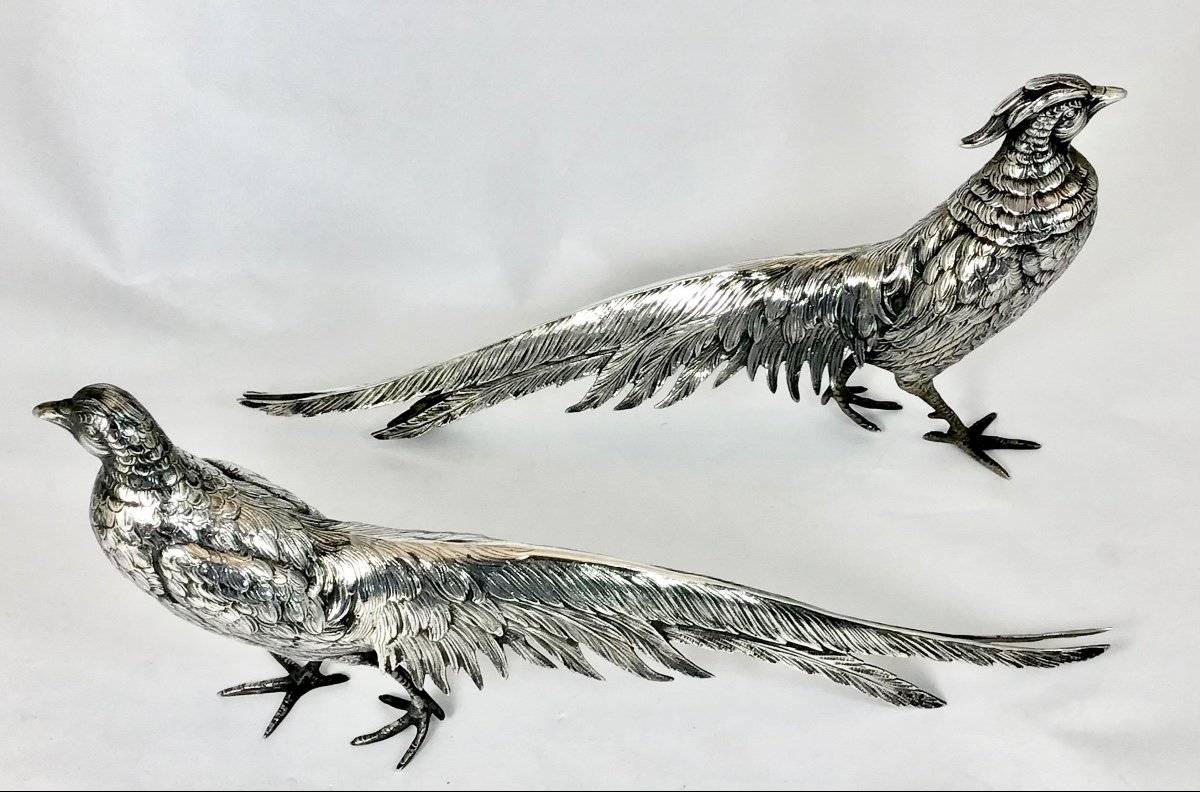 Pair Of Pheasants In Sterling Silver, 31 Cm,1940-'50ies-photo-3