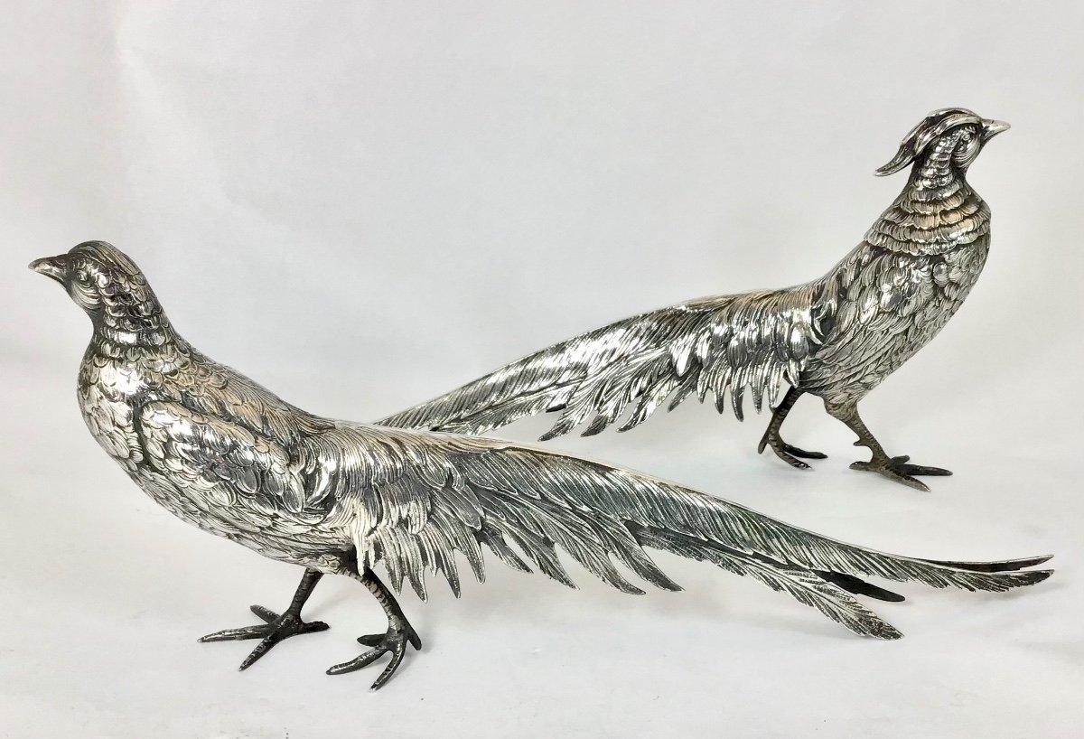 Pair Of Pheasants In Sterling Silver, 31 Cm,1940-'50ies-photo-4