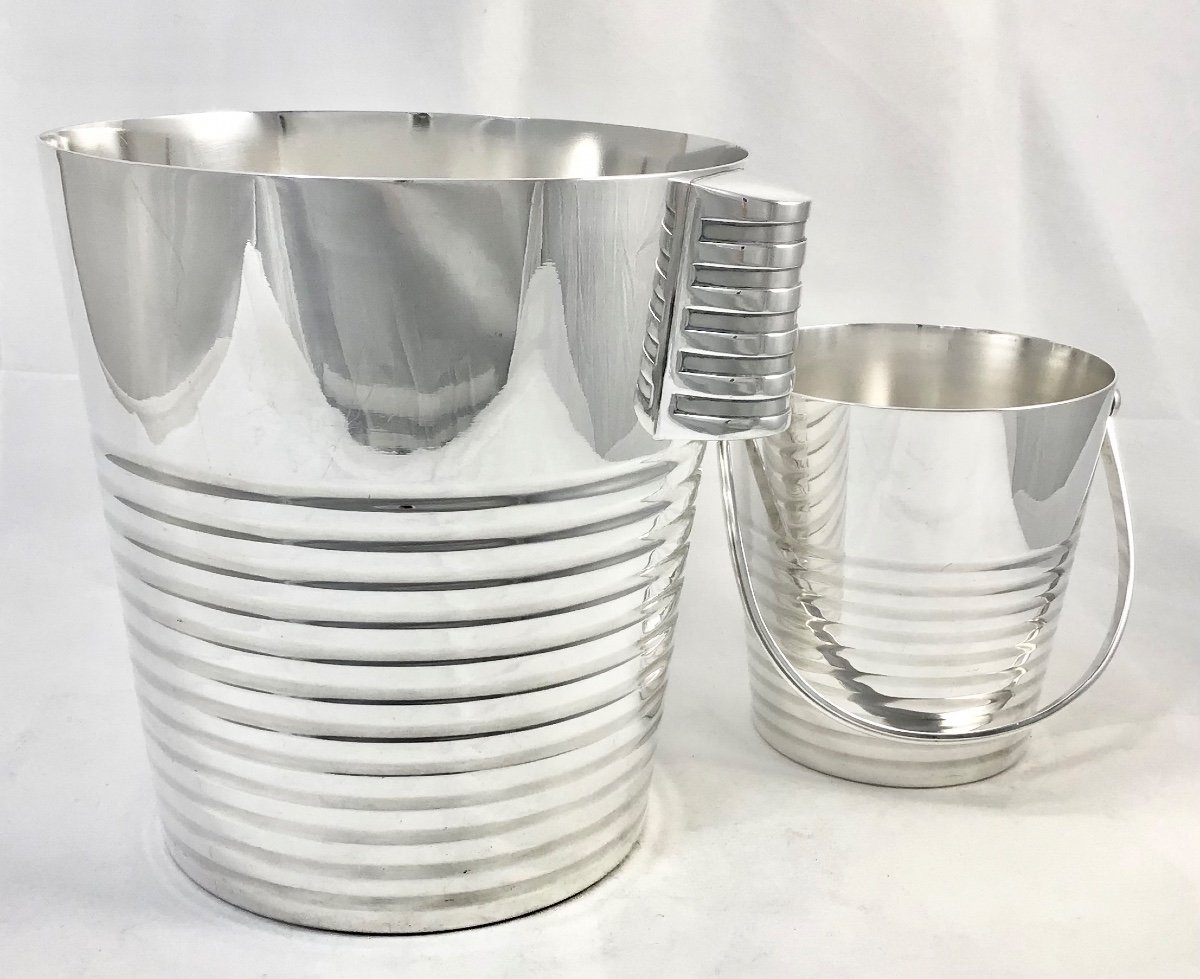 Champagne Bucket And Ice Bucket, Ondulations , Luc Lanel For Christofle, Silver Metal -photo-3