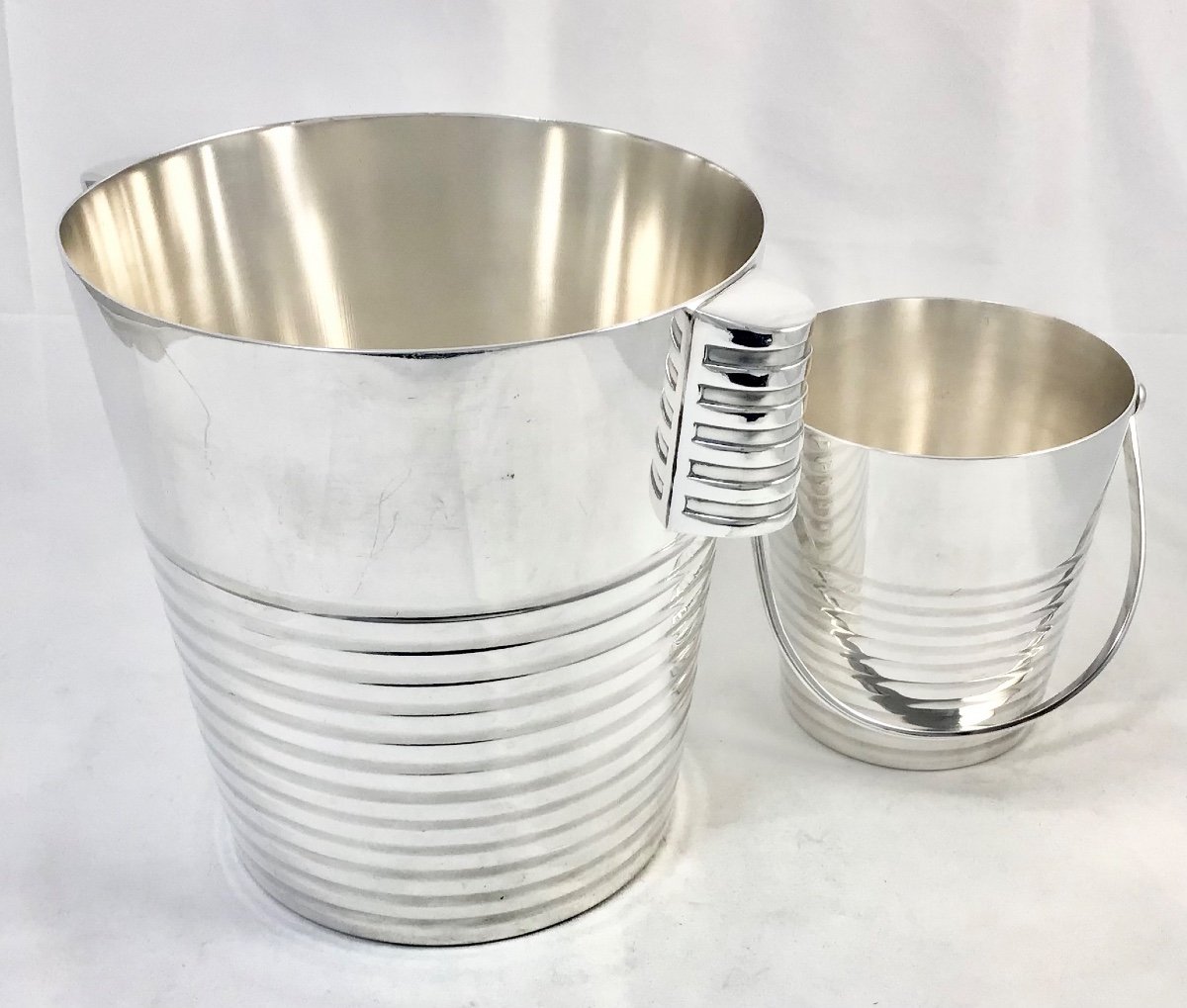 Champagne Bucket And Ice Bucket, Ondulations , Luc Lanel For Christofle, Silver Metal -photo-4