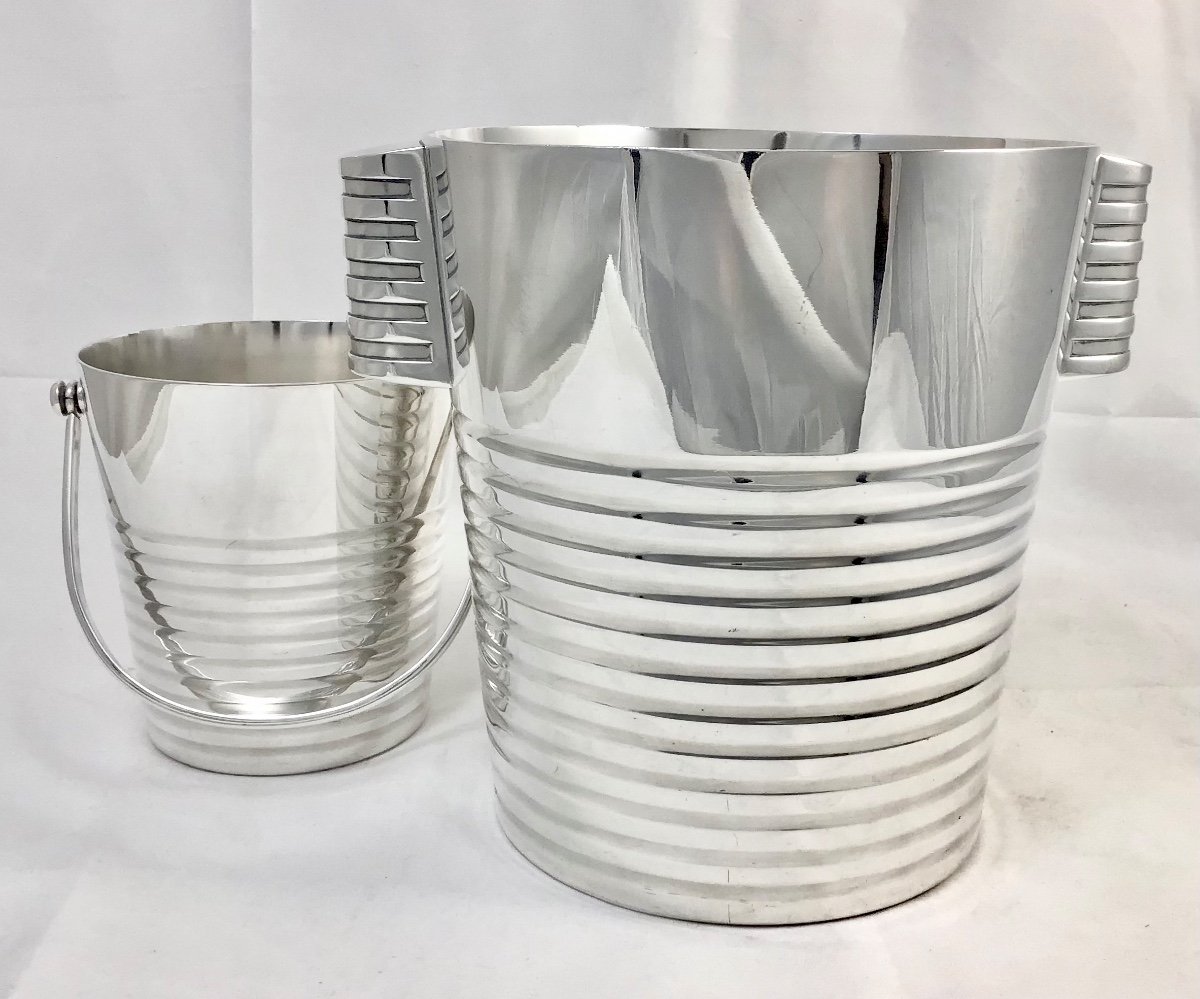 Champagne Bucket And Ice Bucket, Ondulations , Luc Lanel For Christofle, Silver Metal -photo-1