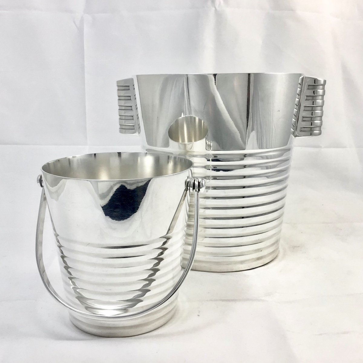 Champagne Bucket And Ice Bucket, Ondulations , Luc Lanel For Christofle, Silver Metal -photo-2