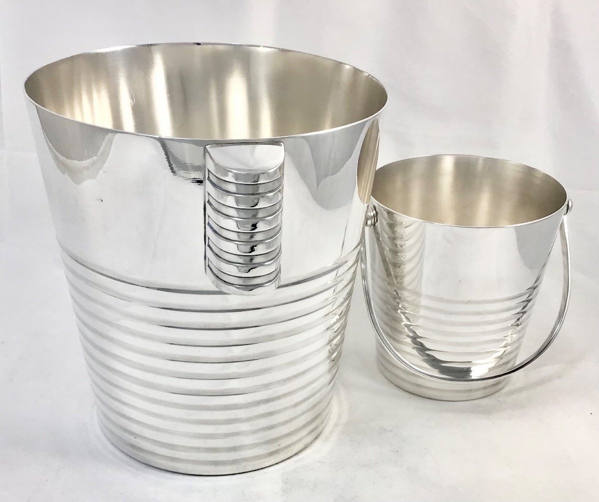 Champagne Bucket And Ice Bucket, Ondulations , Luc Lanel For Christofle, Silver Metal -photo-4